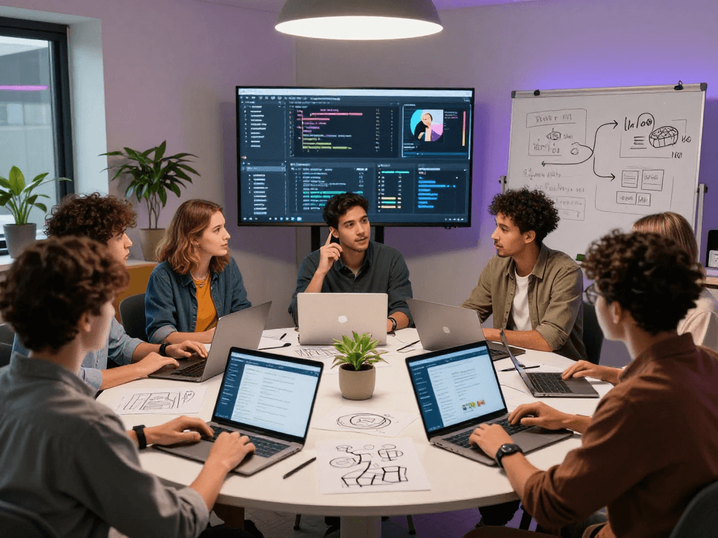 Developers collaborating on a tailor management app in a vibrant workspace.