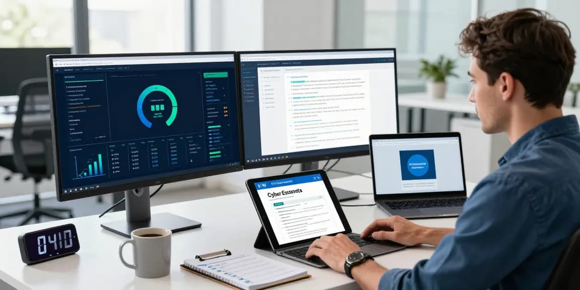 Cyber Essentials compliance workspace with IT expert analyzing data on multiple monitors in a professional office.