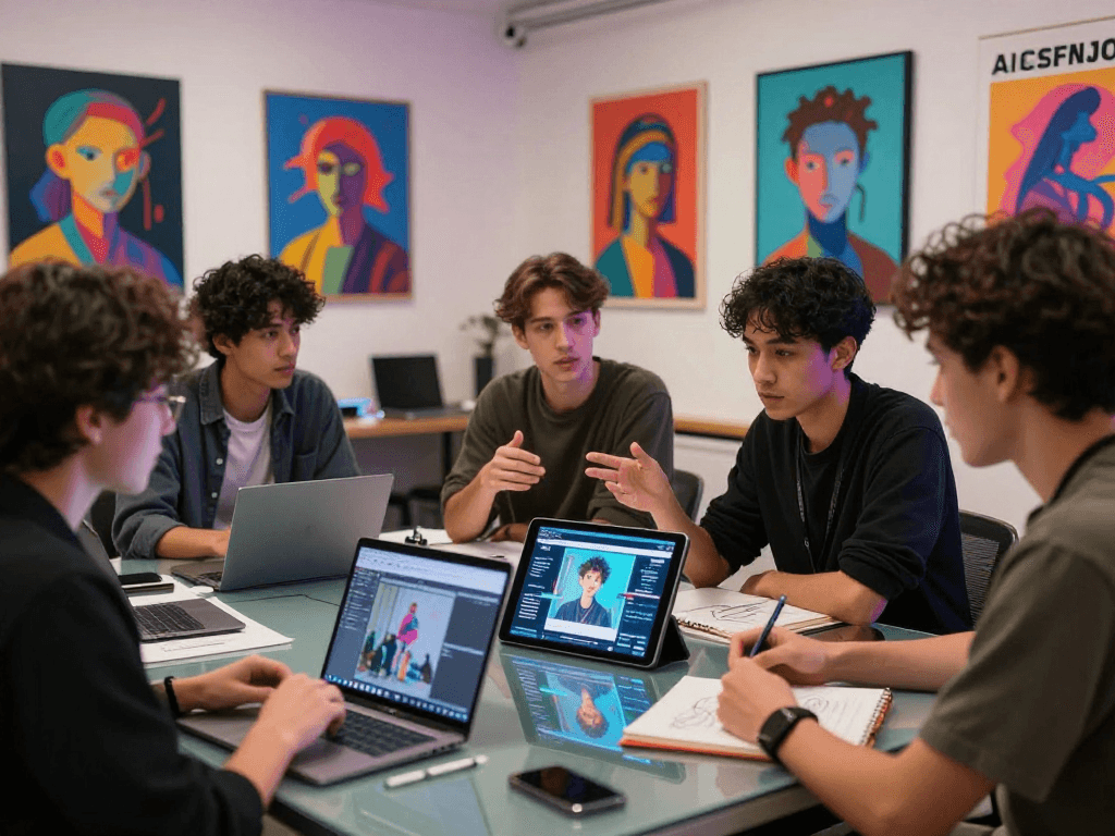 Creative group discussing nsfw ai concepts around a tablet in a vibrant urban art space.
