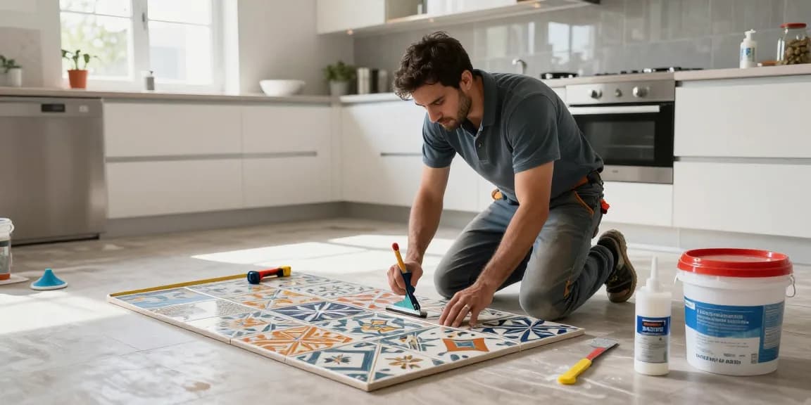 معلم سيراميك باكستاني يقوم بتركيب سيراميك في مطبخ حديث مع أدوات التركيب.