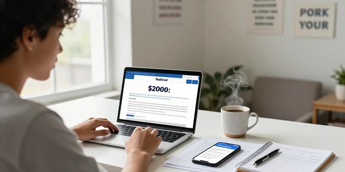 RadCred online loan application with a young adult in a cozy home office setting.