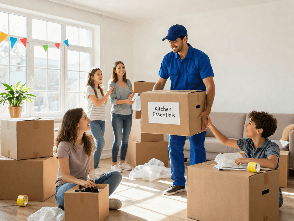 House movers Luton assisting a family with their relocation, packing boxes and creating a warm atmosphere.