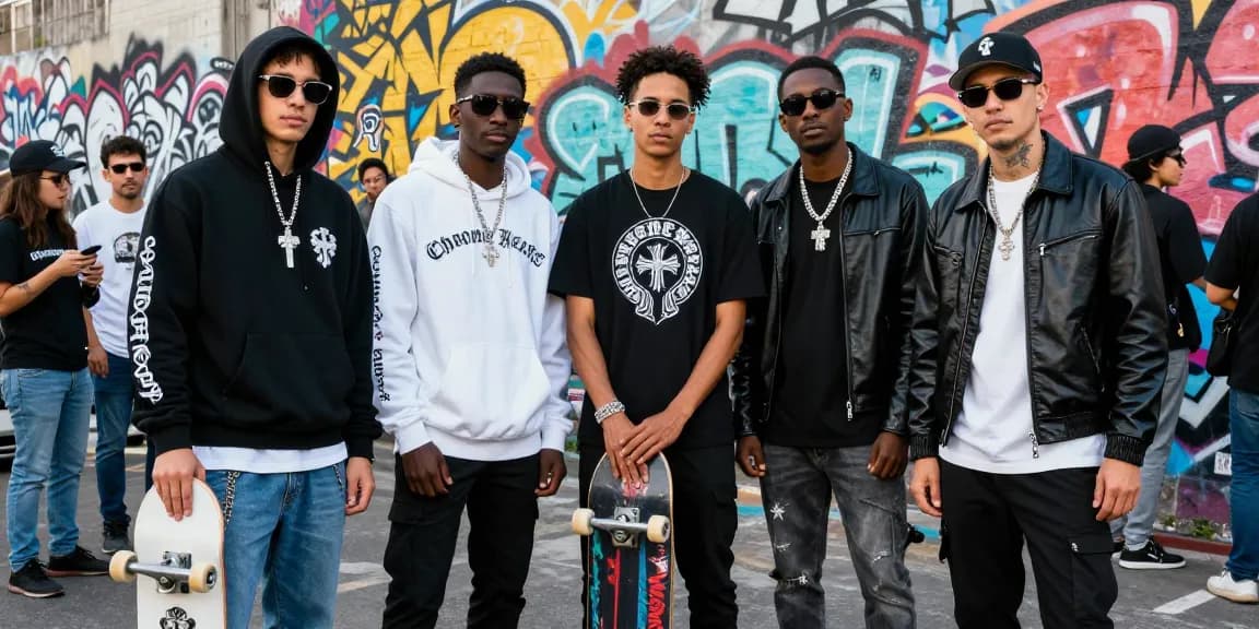 Models in Chrome Hearts streetwear against graffiti, showcasing luxury urban fashion trends.