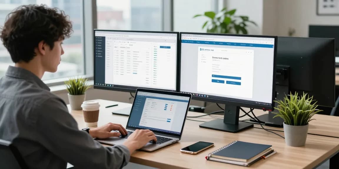 Logging into 02 business log in on a laptop in a modern office space with city view.