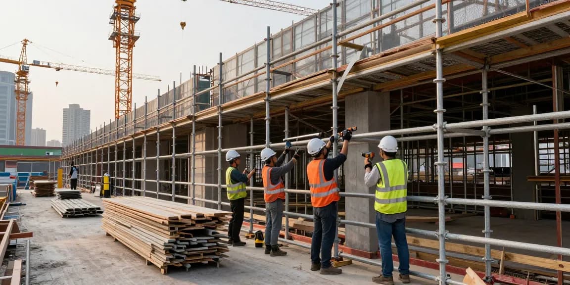 Commercial scaffolding workers efficiently erecting structures during a building renovation.