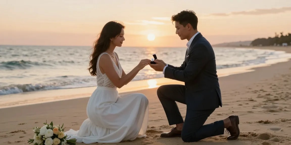 Proposal moment featuring luxury engagement rings on a romantic beach during sunset.
