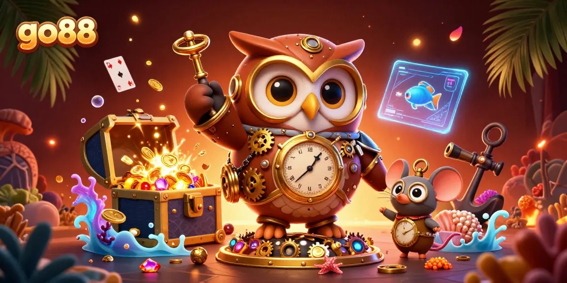 A captivating scene illustrating go88 with a time-traveling owl, casino elements, and underwater treasures enhancing the gambling experience.