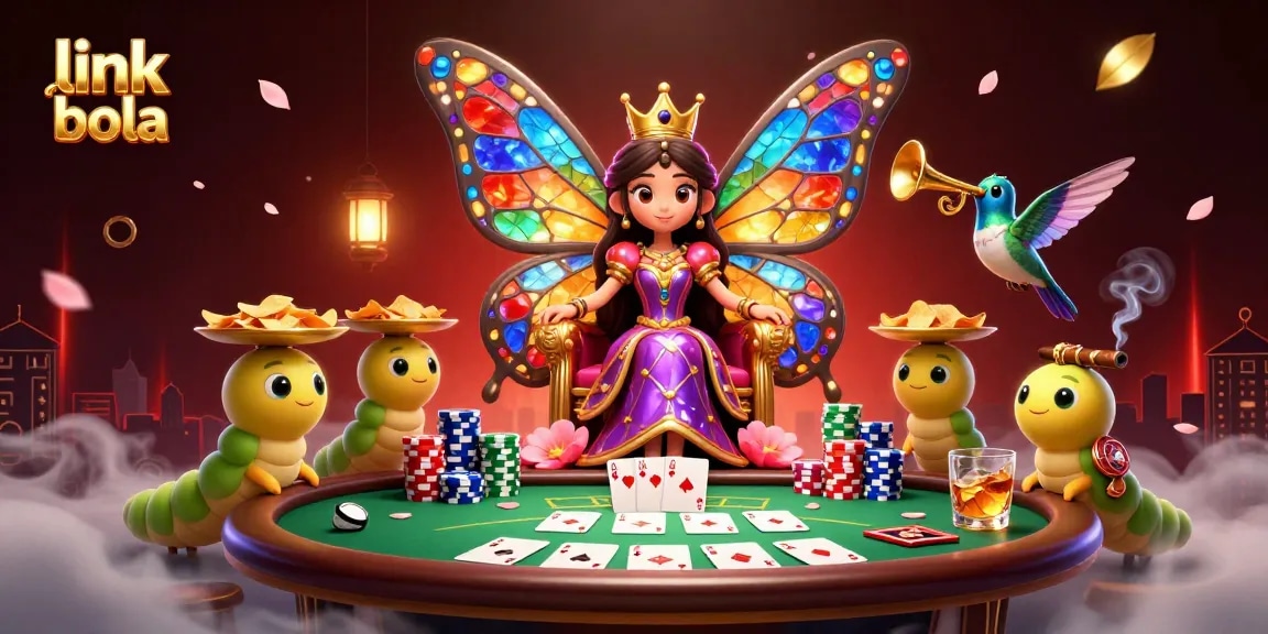 Engage with link judi bola in an exciting online betting scene featuring a butterfly queen and poker elements.