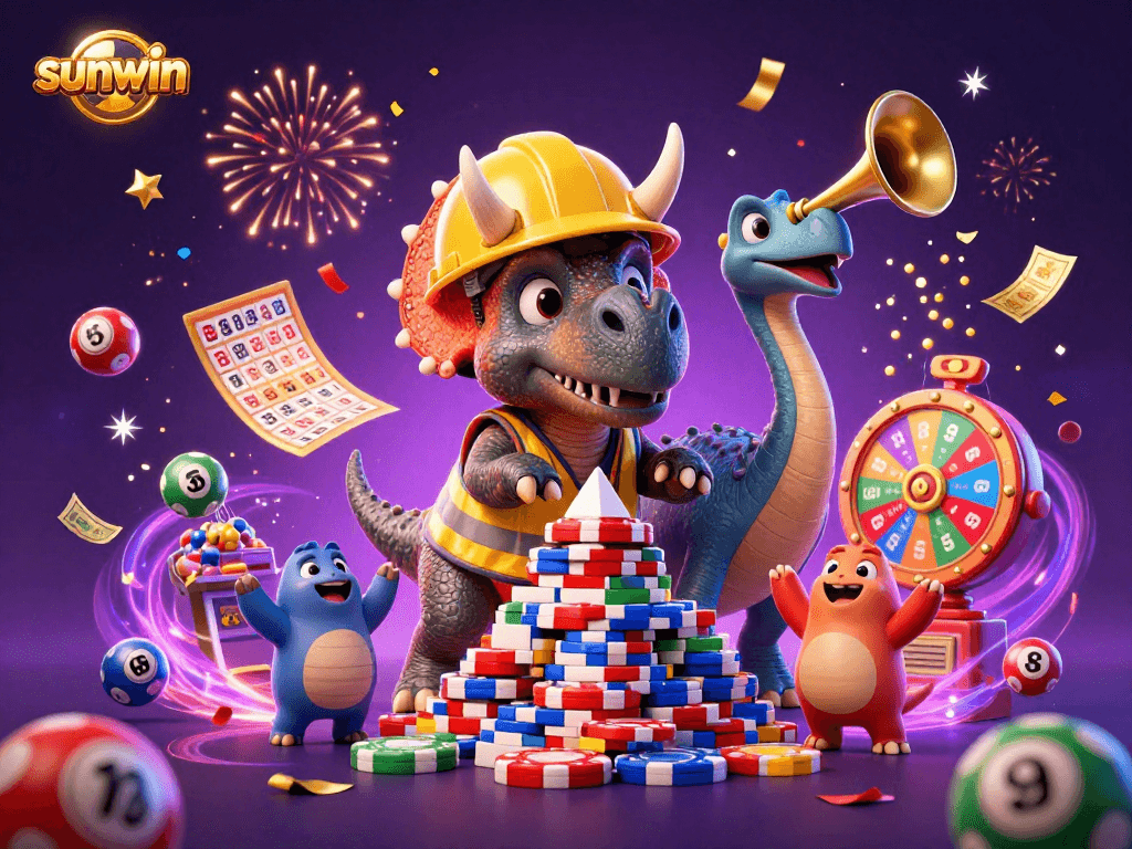 Sunwin game celebration with a triceratops building poker chips, colorful balls, and confetti