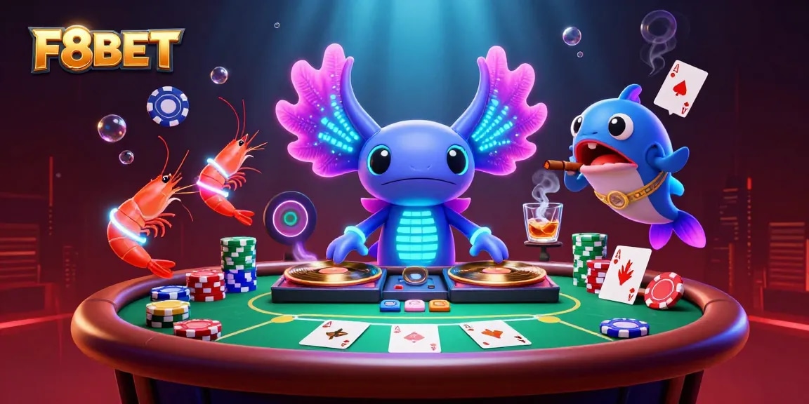 Engage with F8BET's vibrant casino scene featuring a DJ axolotl and lively underwater characters.