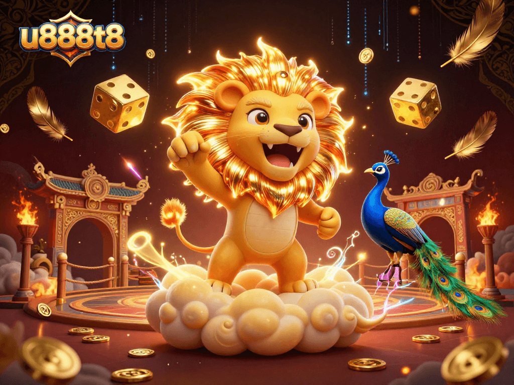 Experience thrilling gameplay at u888t8 with golden dice and sun lion in a dynamic 3D scene.