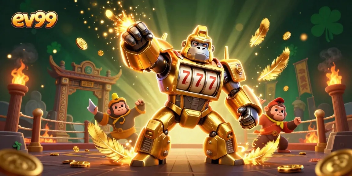 Experience thrilling gaming action with ev99 in a vibrant 3D casino scene featuring a golden gorilla mech.