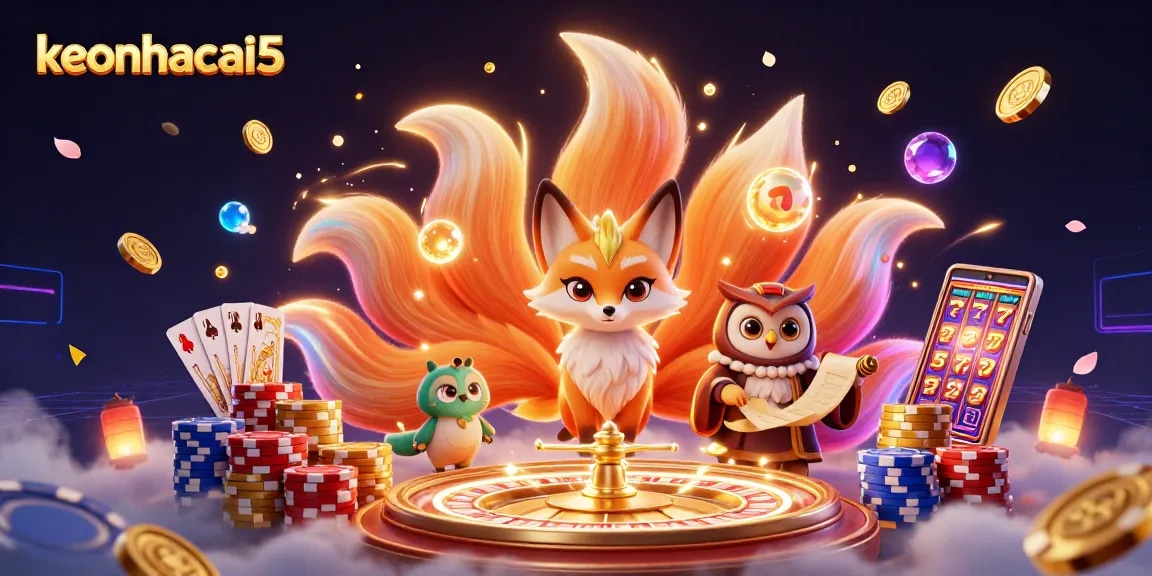 Experience keonhacai5 with vibrant casino elements and a colorful mystical scene featuring a nine-tailed fox.