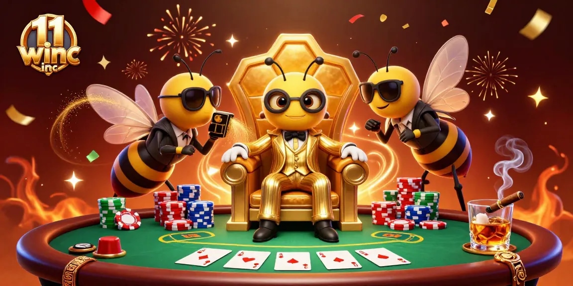 Capture thrilling poker moments at 11 win inc with a 3D cartoon illustration of a bumblebee mob boss.