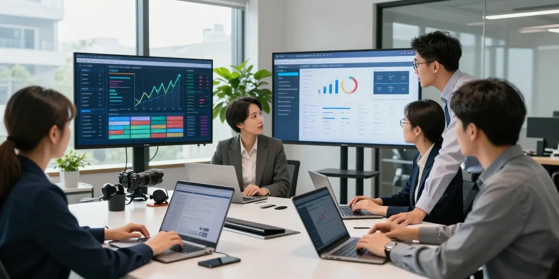 Scène de banque numérique avec équipe professionnelle analysant des données financières.