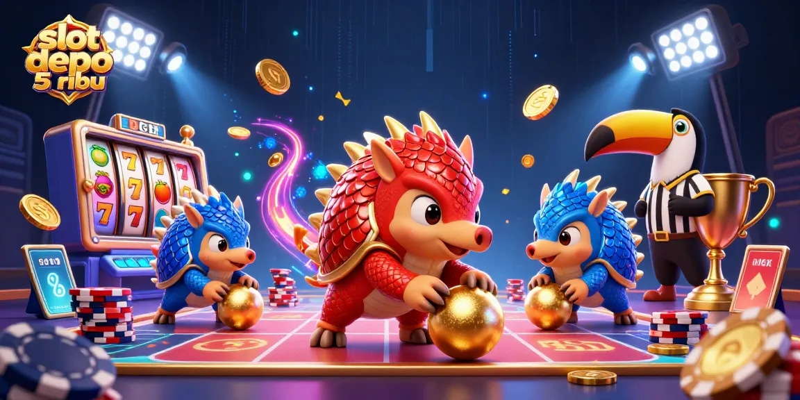 Play exciting slot depo 5 ribu with lively pangolins in vibrant casino scene filled with gold coins.