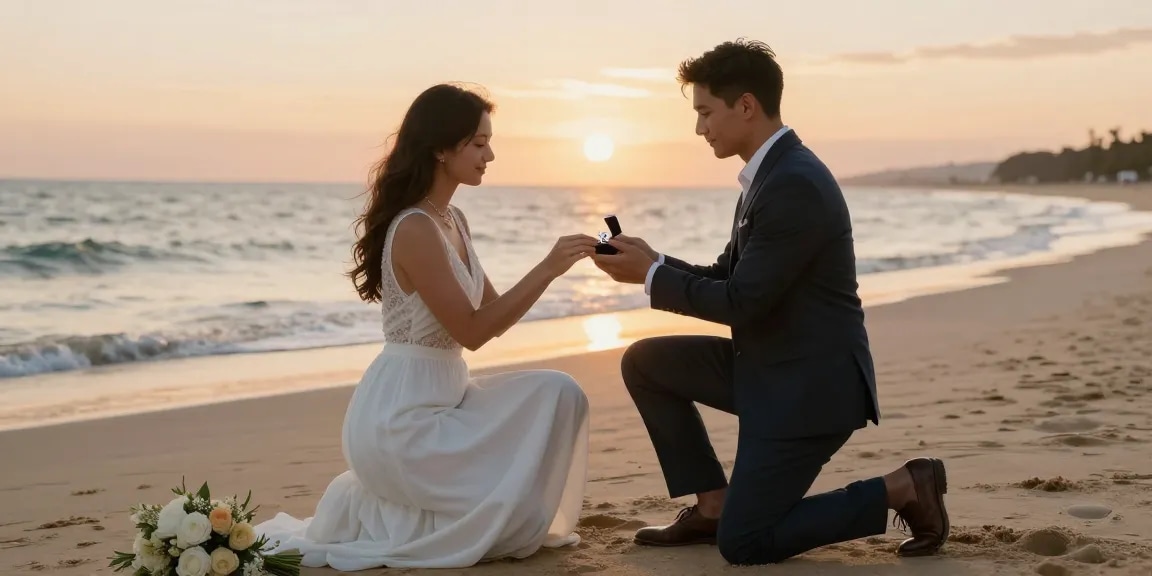 Proposal moment featuring luxury engagement rings on a romantic beach during sunset.