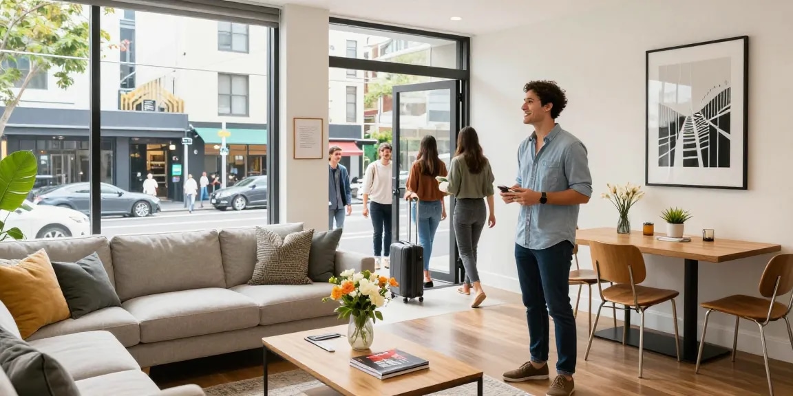 Melbourne Airbnb management scene with host and guests in a vibrant apartment