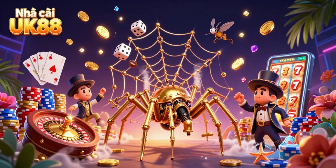 Capture the thrill of Nhà cái UK88 with a vibrant 3D casino scene featuring gold and poker excitement.