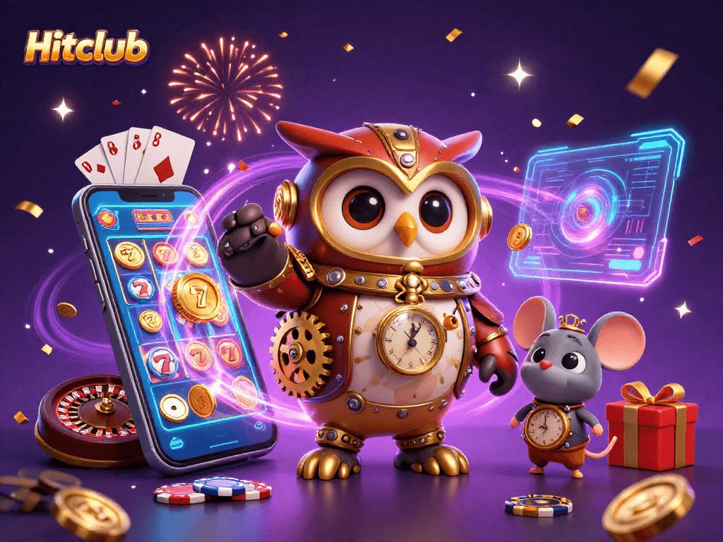 Hitclub's vibrant slot adventure with a time-traveler owl and steampunk elements.