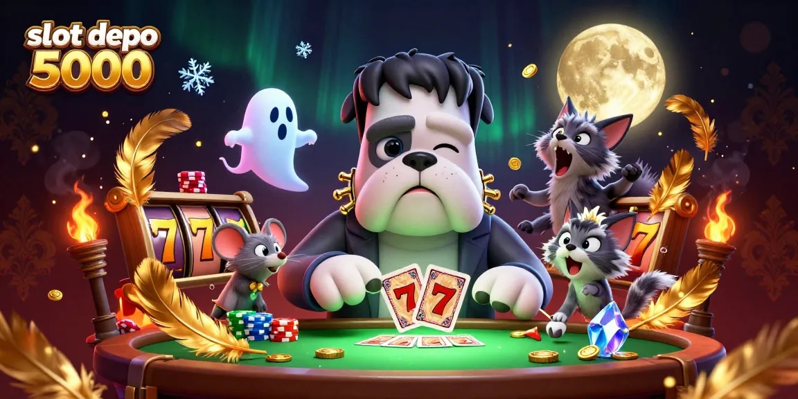 Exciting 3D illustration featuring slot depo 5000 characters, including a cartoon dog and ghost mouse in a casino scene.
