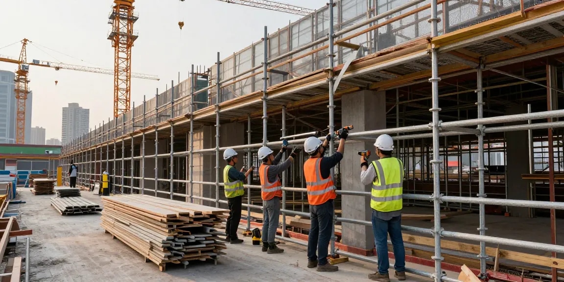 Commercial scaffolding workers efficiently erecting structures during a building renovation.