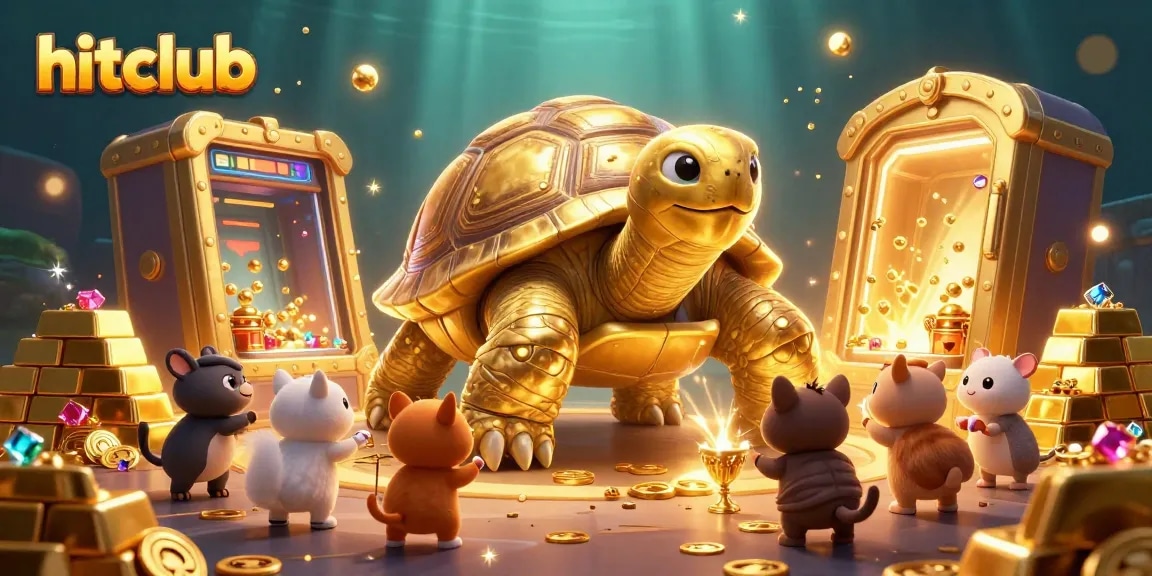 Join the fun at hitclub, where a colossal tortoise pinball machine awaits eager players amidst treasures.