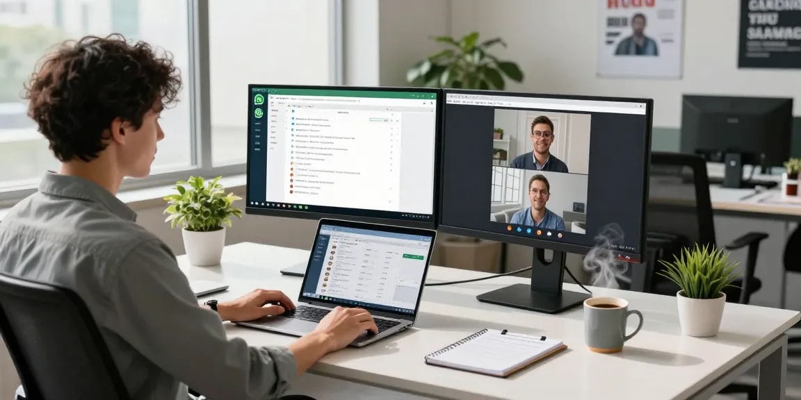 Using WhatsApp電腦版 on desktop in modern office setting