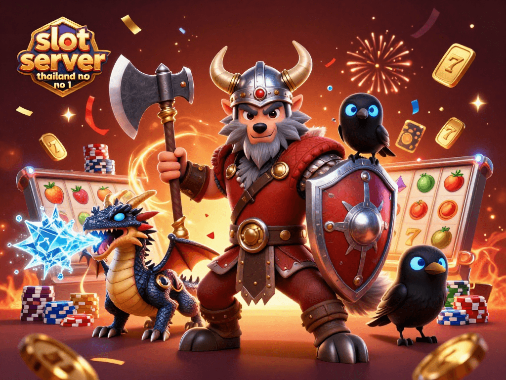 Spin and win at slot server thailand no 1 with Viking warrior, fierce dragon, and vibrant casino elements.