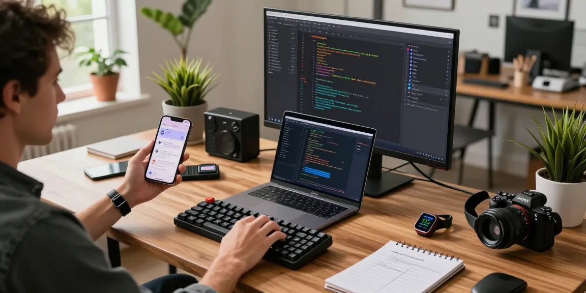 Engaged user exploring a tri-fold phone alongside tech gadgets in a modern workspace.