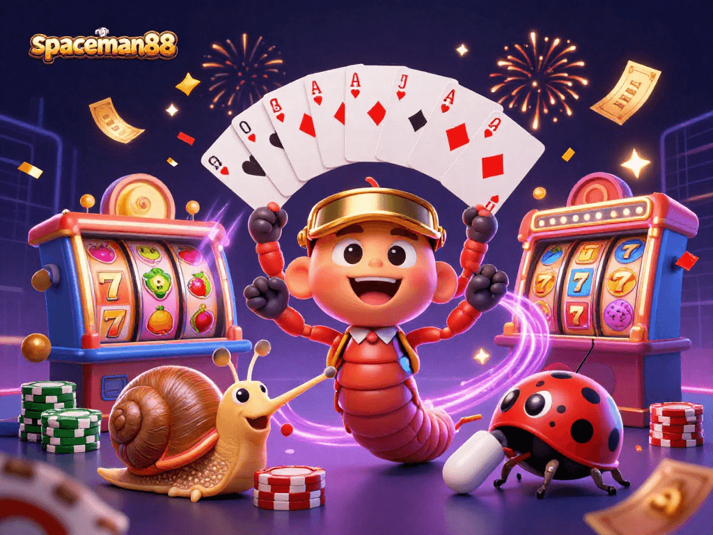 Engage with the dynamic world of spaceman88 as a colorful millipede dealer fans playing cards amidst a vibrant casino scene.