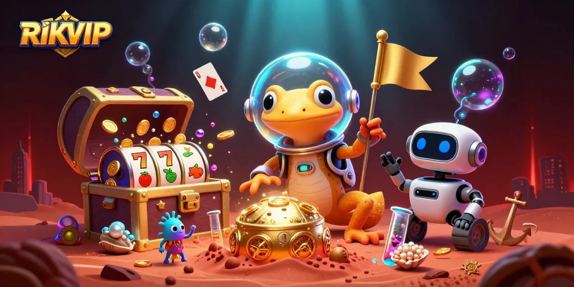 RIKVIP offers thrilling gameplay with a Martian gecko and treasures in a stunning 3D casino scene.