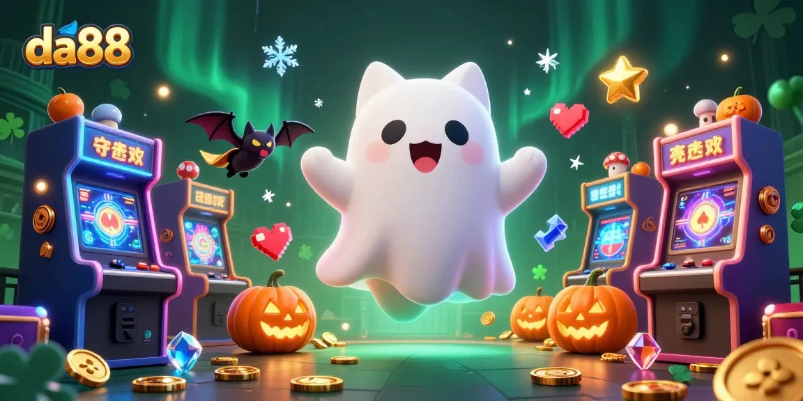 da88 showcases a ghost cat and vampire bat in a haunted casino setting, enriching the gaming experience.