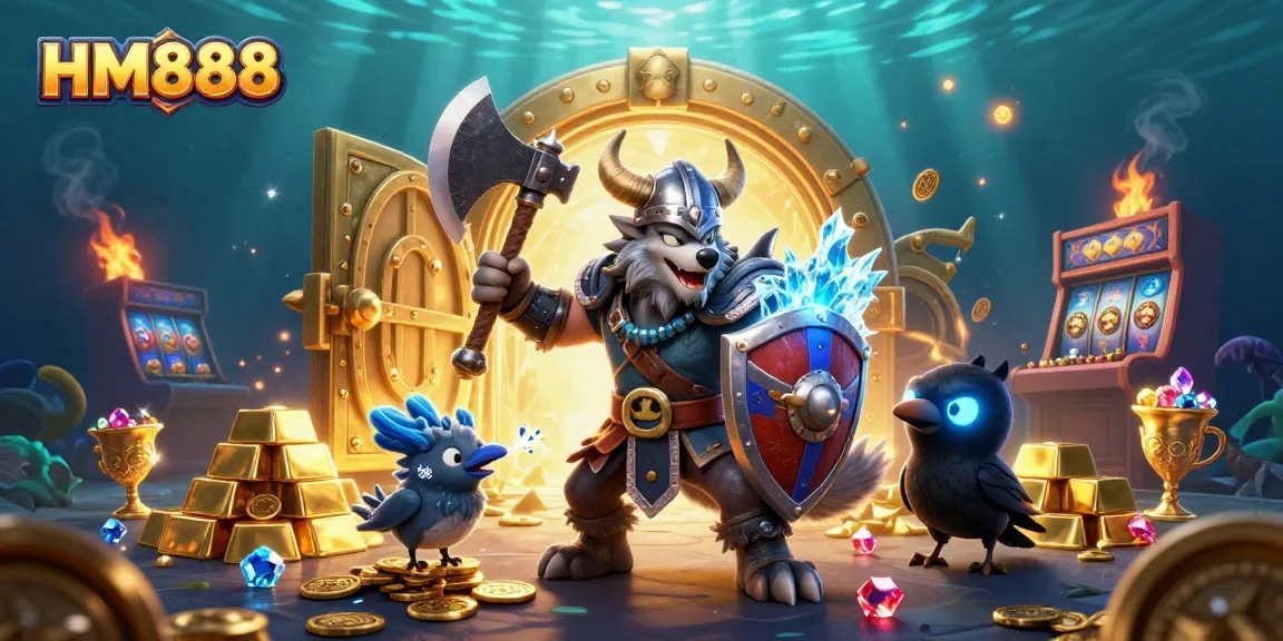 Engage in the thrilling adventure of HM888 with treasure-hunting Vikings and dragons in a dynamic underwater casino scene.