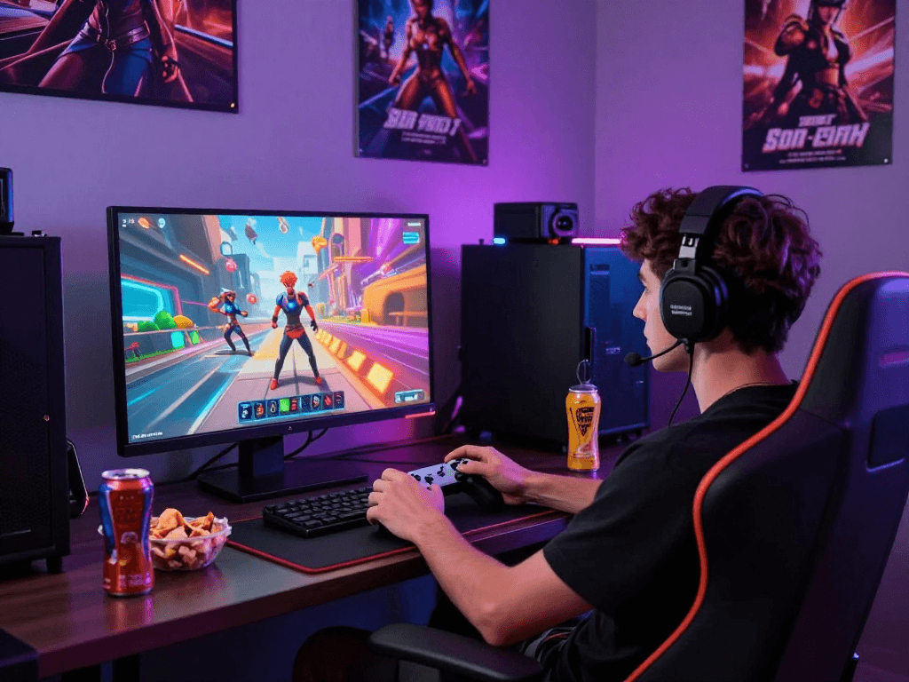 Engaging sex game scene with a focused player immersed in digital gameplay and vibrant 3D visuals.
