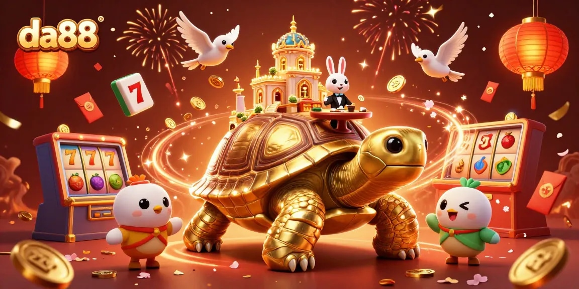 Experience thrilling gameplay with da88 in this vibrant 3D casino scene featuring a golden tortoise and a rabbit dealer.