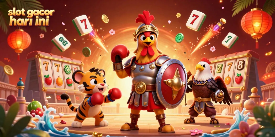 Engage with the vibrant slot gacor hari ini scene featuring a gladiator rooster and gold elements.