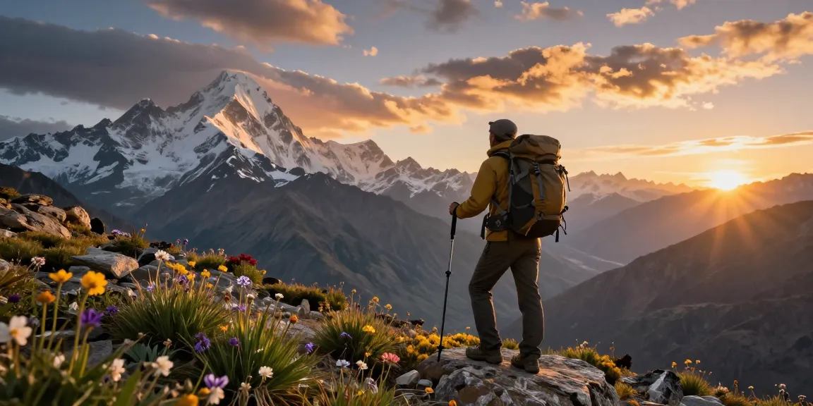 Vista del Circuito Manaslu con un viajero en la cima de una montaña al atardecer, rodeado de naturaleza.