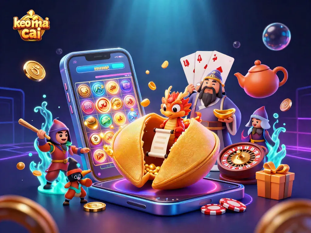 Experience keo nha cai with a golden fortune cookie and dynamic casino elements in a vibrant scene.