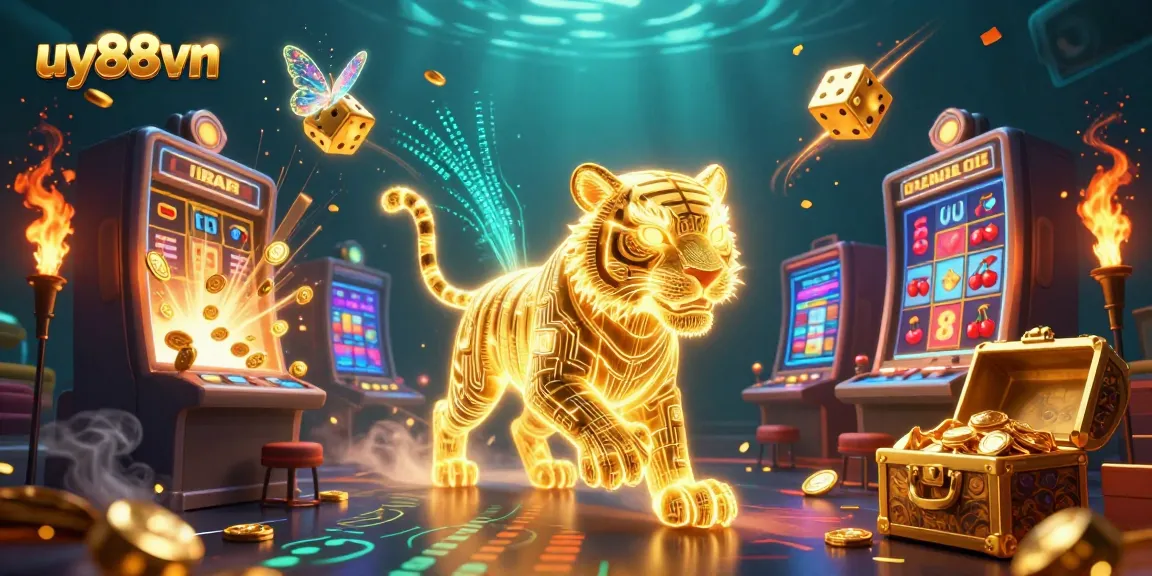 Experience exhilarating wins at uy88vn casino with a neon tiger in a vibrant gaming landscape.