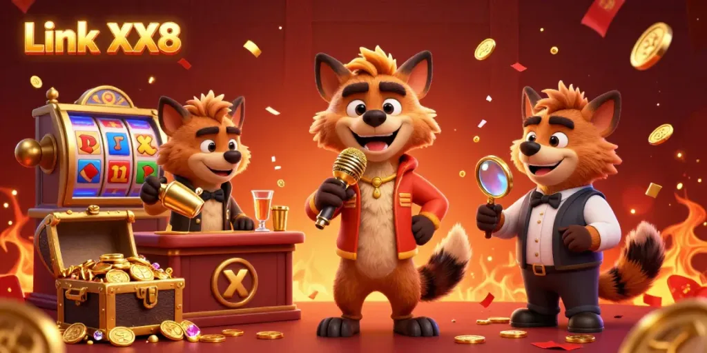 Enjoying laughs at Link XX8 with a vibrant casino scene featuring hyenas as a comedian, bartender, and bouncer.