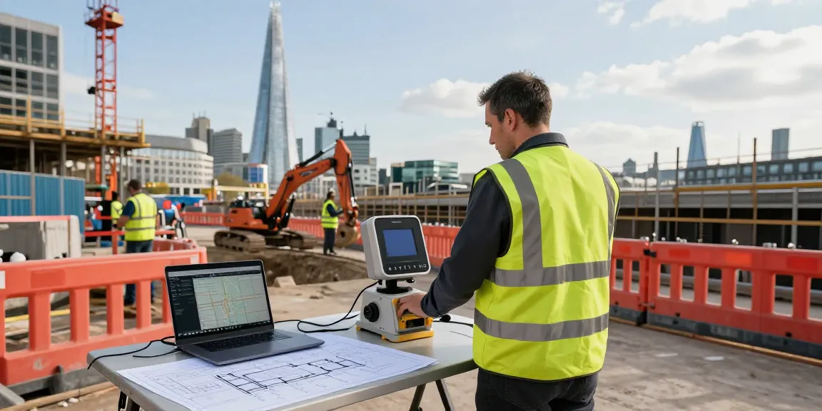 Surveyor engaged in underground utility mapping London with advanced equipment on construction site.