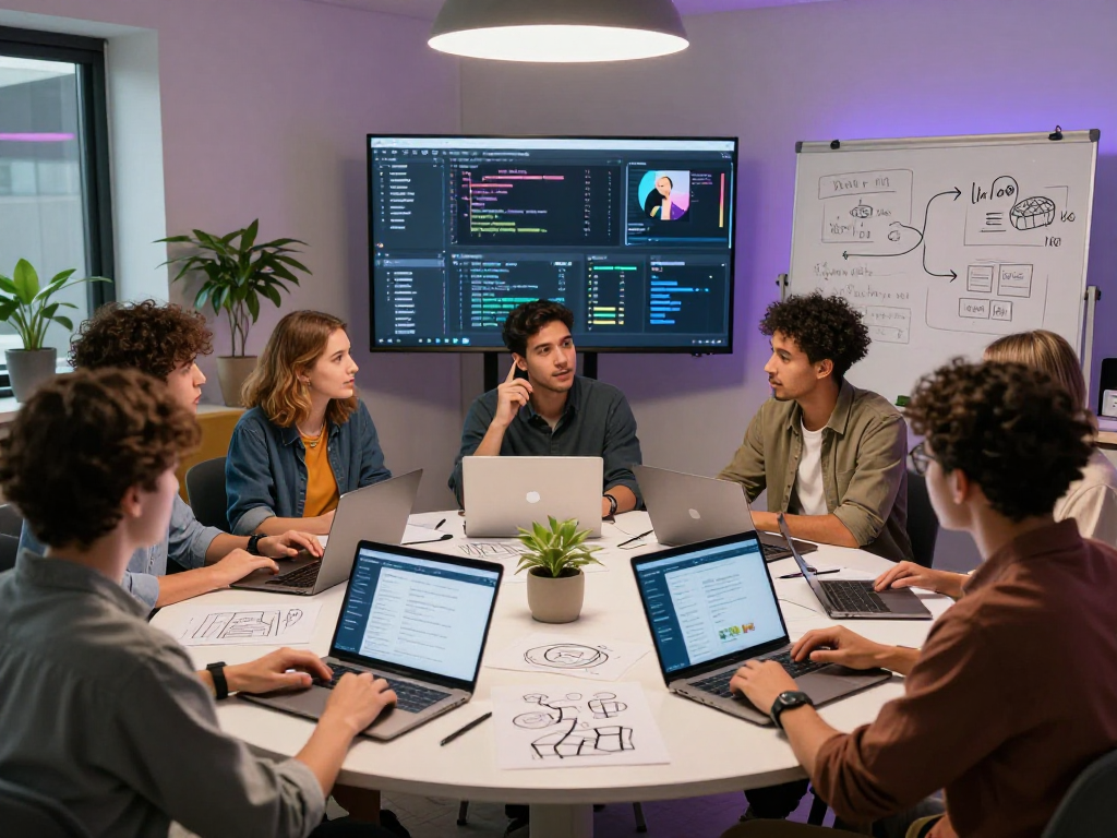 Developers collaborating on a tailor management app in a vibrant workspace.