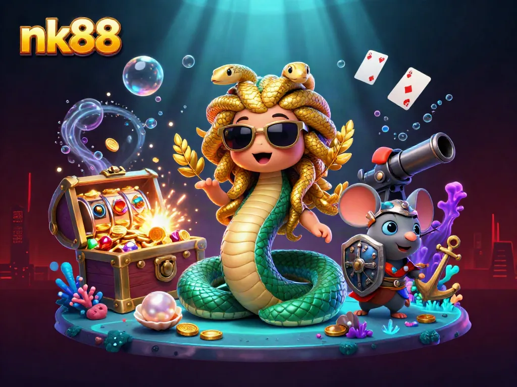 Experience the lively nk88 casino adventure with Medusa and a warrior mouse amid golden game treasures.