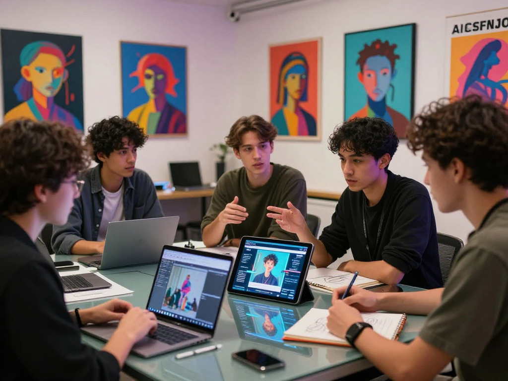 Creative group discussing nsfw ai concepts around a tablet in a vibrant urban art space.