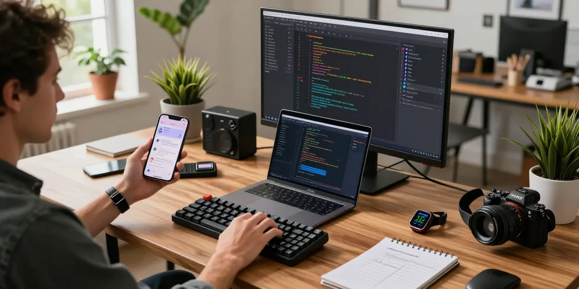 Engaged user exploring a tri-fold phone alongside tech gadgets in a modern workspace.