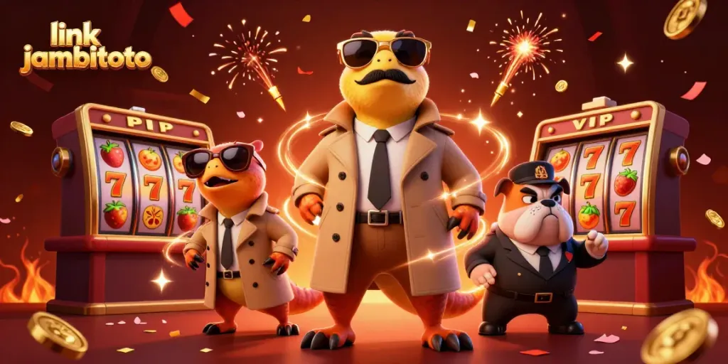 Experience excitement at link jambitoto while three playful raptors attempt VIP entry at a dazzling casino.