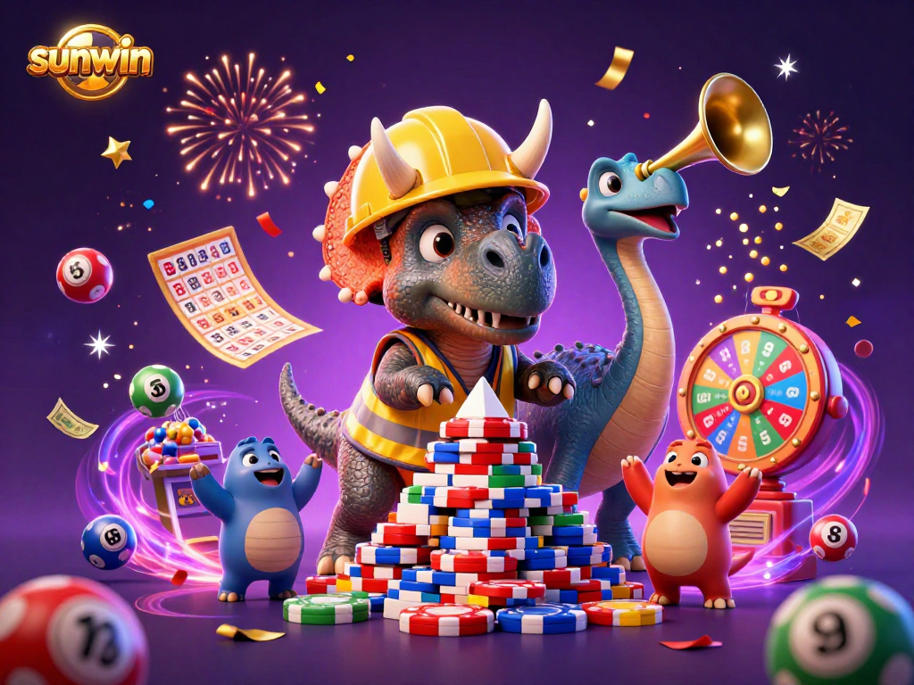 Sunwin game celebration with a triceratops building poker chips, colorful balls, and confetti