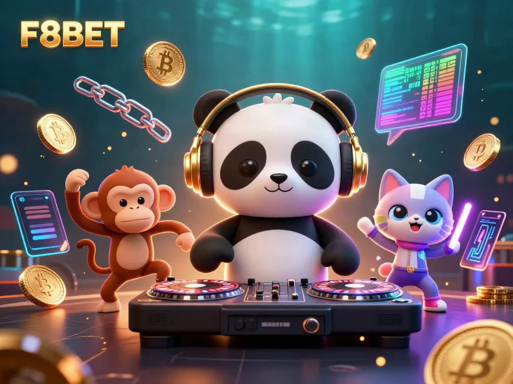 Experience F8BET excitement with a cartoon DJ panda, breakdancing monkey, and kitten in a lively casino scene.