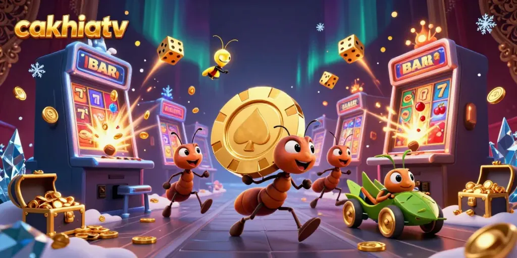 Engage with cakhiatv's dynamic casino scene featuring cartoon ants and vibrant gaming elements.